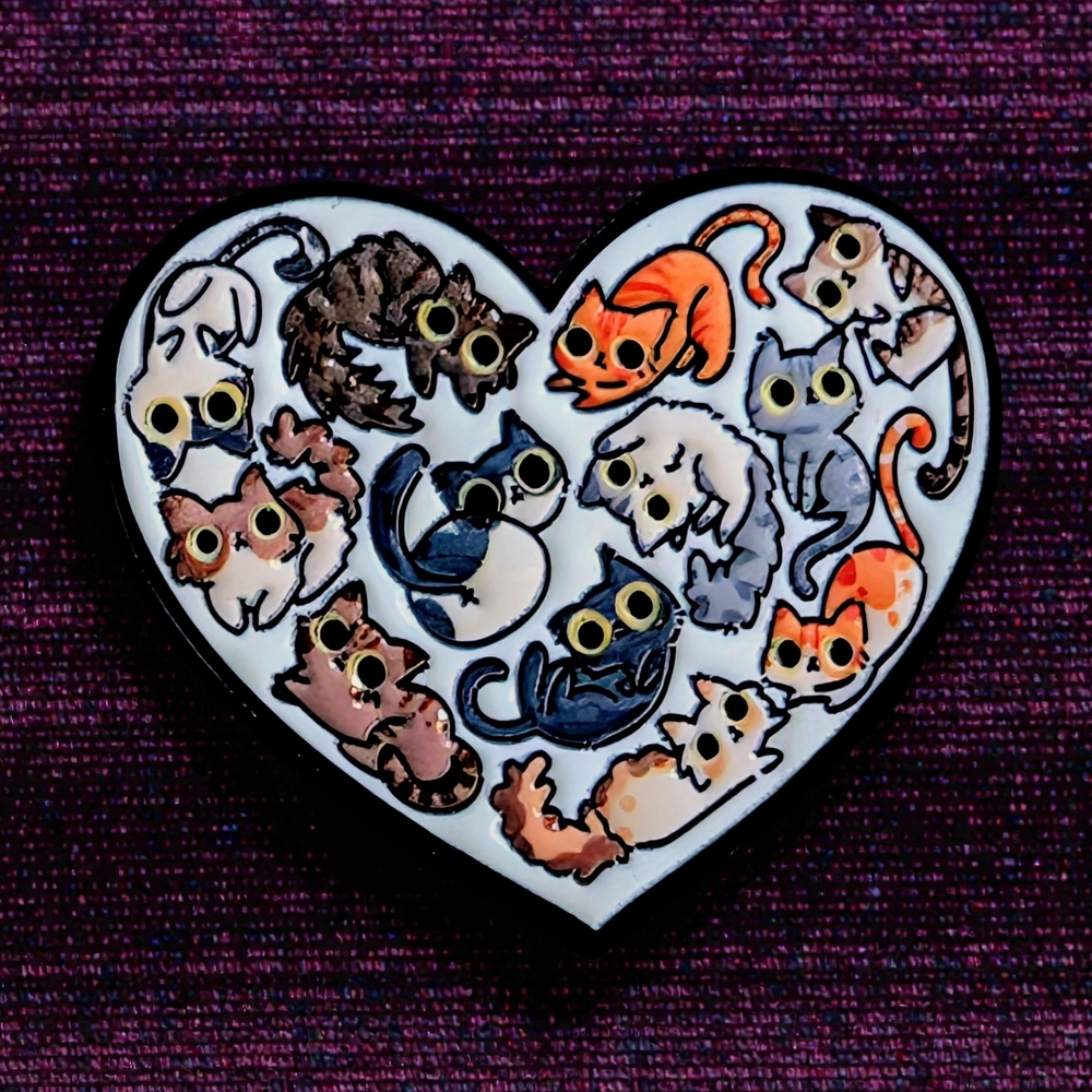 Heart-Shaped Cat Enamel Pin – Multicolor